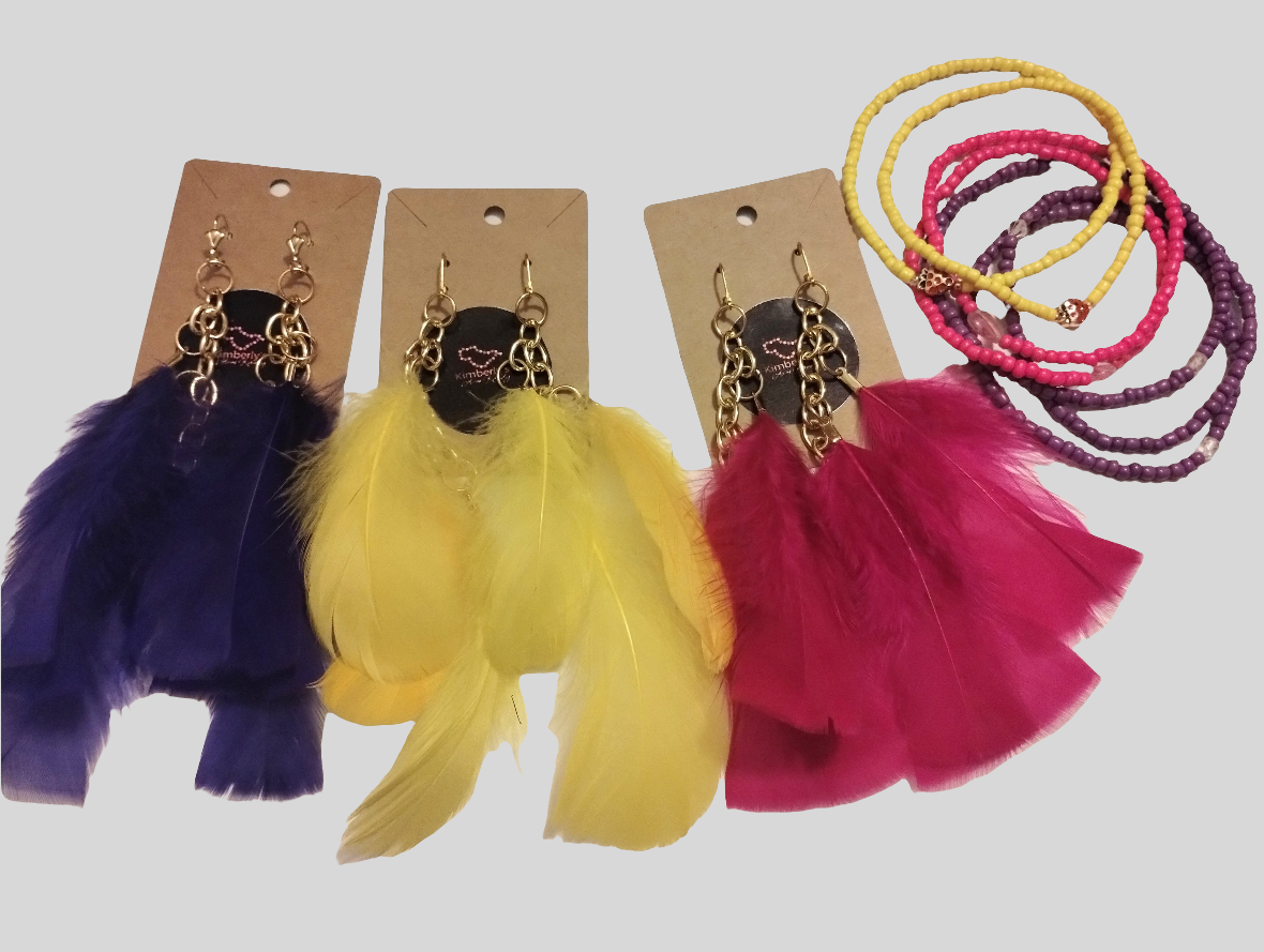 Assorted feather earrings with gold or silver colored chains with fish hook earrings.